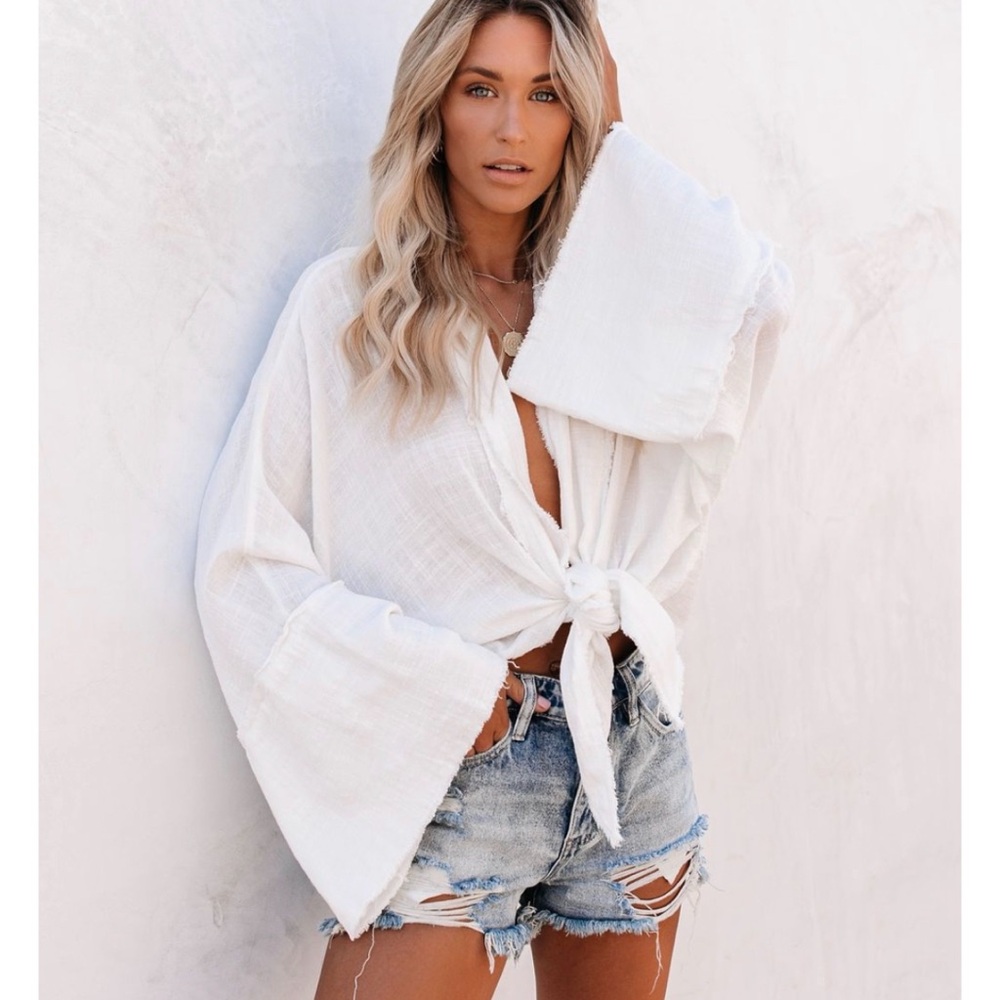 White or Grey Bell Sleeve Tie-Front Blouse
